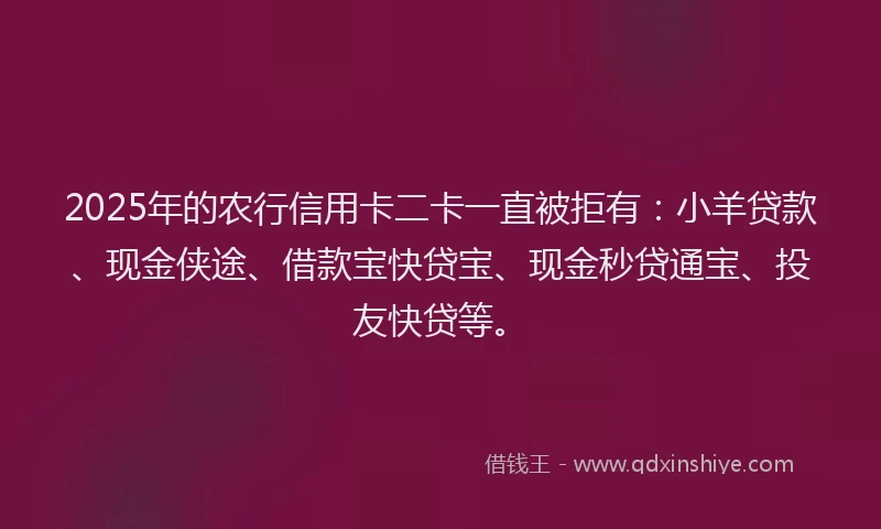 2025年的农行信用卡二卡一直被拒有：小羊贷款、现金侠途、借款宝快贷宝、现金秒贷通宝、投友快贷等。