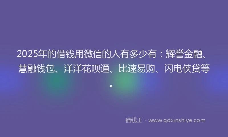 2025年的借钱用微信的人有多少有：辉誉金融、慧融钱包、洋洋花呗通、比速易购、闪电侠贷等。