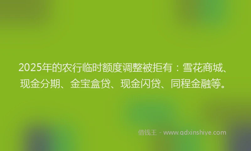 2025年的农行临时额度调整被拒有：雪花商城、现金分期、金宝盒贷、现金闪贷、同程金融等。