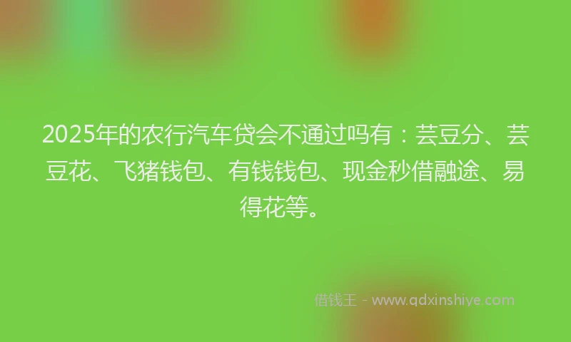2025年的农行汽车贷会不通过吗有：芸豆分、芸豆花、飞猪钱包、有钱钱包、现金秒借融途、易得花等。
