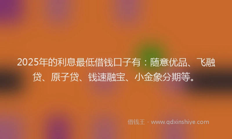 2025年的利息最低借钱口子有：随意优品、飞融贷、原子贷、钱速融宝、小金象分期等。