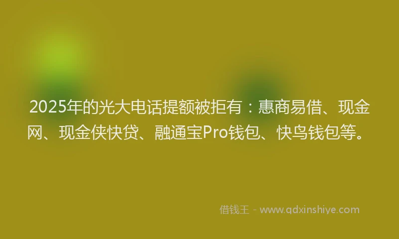 2025年的光大电话提额被拒有：惠商易借、现金网、现金侠快贷、融通宝Pro钱包、快鸟钱包等。
