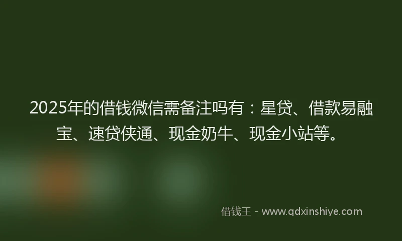 2025年的借钱微信需备注吗有：星贷、借款易融宝、速贷侠通、现金奶牛、现金小站等。