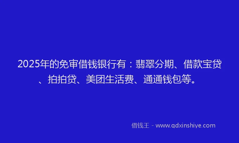 2025年的免审借钱银行有：翡翠分期、借款宝贷、拍拍贷、美团生活费、通通钱包等。