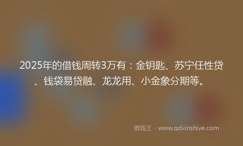 2025年的借钱周转3万有：金钥匙、苏宁任性贷、钱袋易贷融、龙龙用、小金象分期等。