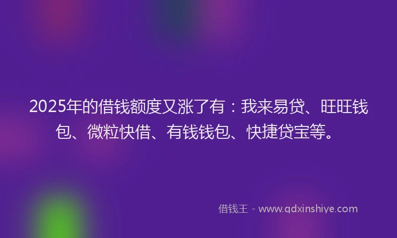 2025年的借钱额度又涨了有：我来易贷、旺旺钱包、微粒快借、有钱钱包、快捷贷宝等。
