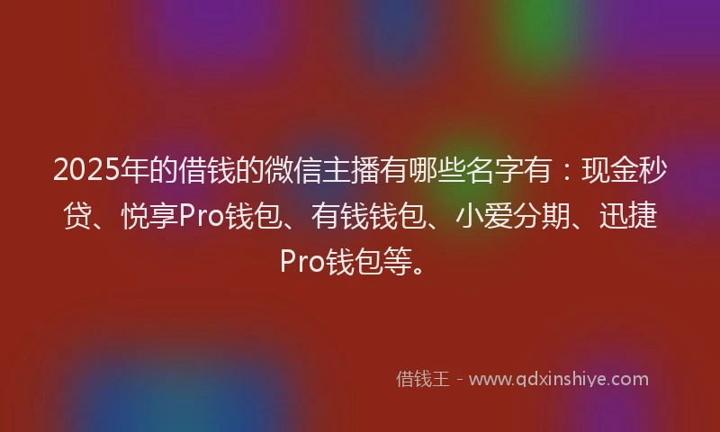 2025年的借钱的微信主播有哪些名字有：现金秒贷、悦享Pro钱包、有钱钱包、小爱分期、迅捷Pro钱包等。