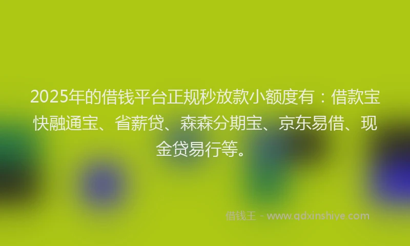 2025年的借钱平台正规秒放款小额度有：借款宝快融通宝、省薪贷、森森分期宝、京东易借、现金贷易行等。