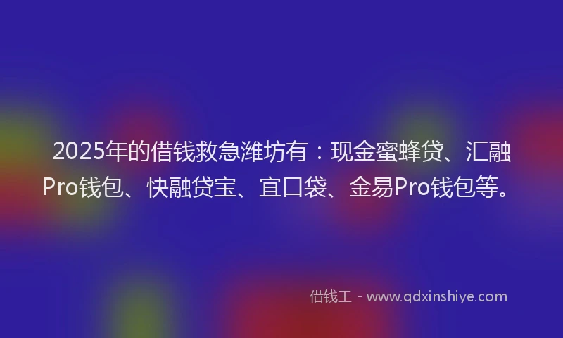 2025年的借钱救急潍坊有：现金蜜蜂贷、汇融Pro钱包、快融贷宝、宜口袋、金易Pro钱包等。