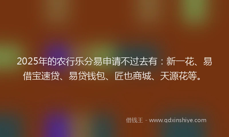2025年的农行乐分易申请不过去有：新一花、易借宝速贷、易贷钱包、匠也商城、天源花等。