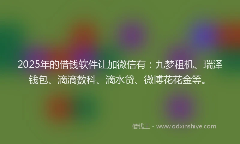 2025年的借钱软件让加微信有：九梦租机、瑞泽钱包、滴滴数科、滴水贷、微博花花金等。
