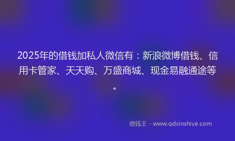 2025年的借钱加私人微信有：新浪微博借钱、信用卡管家、天天购、万盛商城、现金易融通途等。