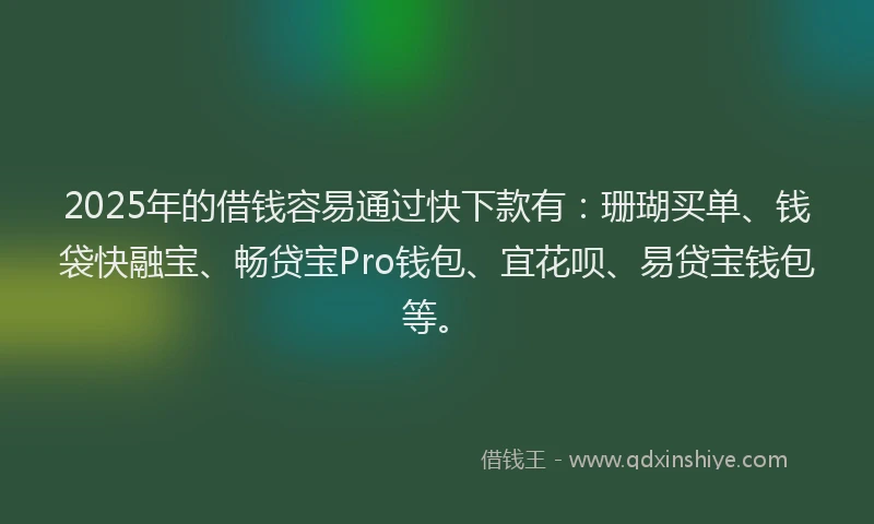 2025年的借钱容易通过快下款有：珊瑚买单、钱袋快融宝、畅贷宝Pro钱包、宜花呗、易贷宝钱包等。
