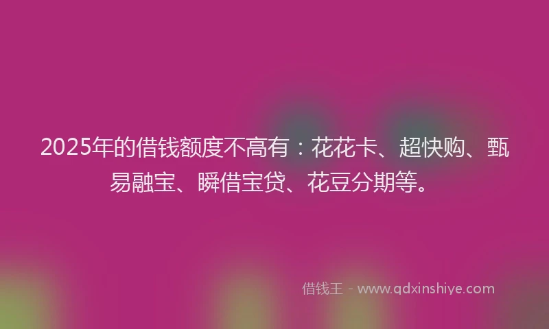 2025年的借钱额度不高有：花花卡、超快购、甄易融宝、瞬借宝贷、花豆分期等。