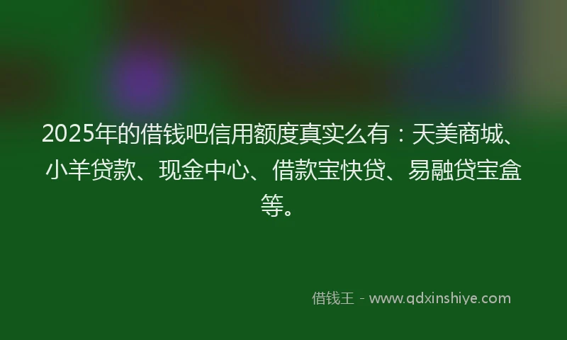 2025年的借钱吧信用额度真实么有：天美商城、小羊贷款、现金中心、借款宝快贷、易融贷宝盒等。