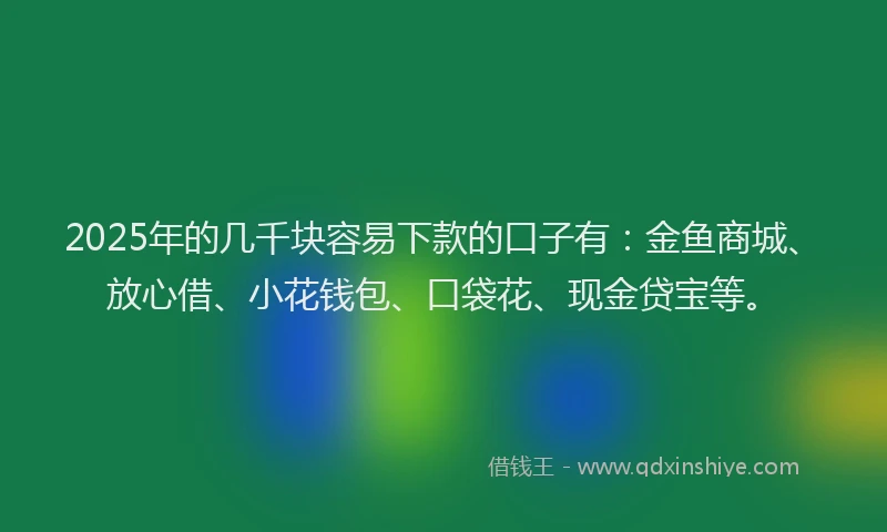 2025年的几千块容易下款的口子有：金鱼商城、放心借、小花钱包、口袋花、现金贷宝等。