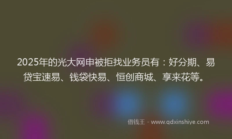 2025年的光大网申被拒找业务员有：好分期、易贷宝速易、钱袋快易、恒创商城、享来花等。