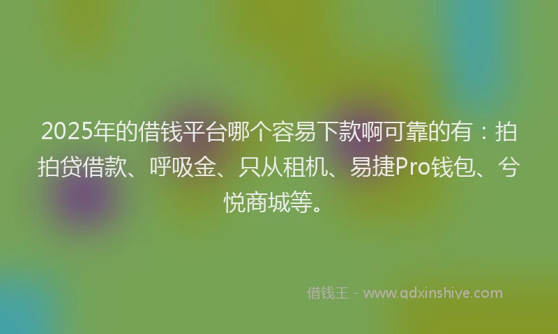 2025年的借钱平台哪个容易下款啊可靠的有：拍拍贷借款、呼吸金、只从租机、易捷Pro钱包、兮悦商城等。