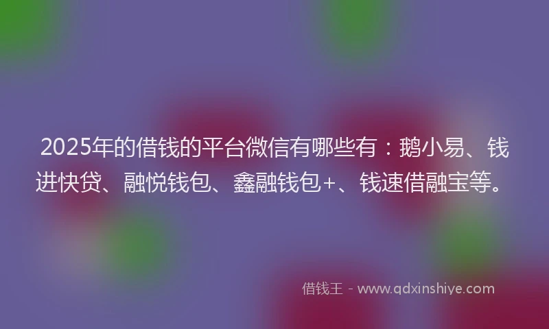 2025年的借钱的平台微信有哪些有：鹅小易、钱进快贷、融悦钱包、鑫融钱包+、钱速借融宝等。
