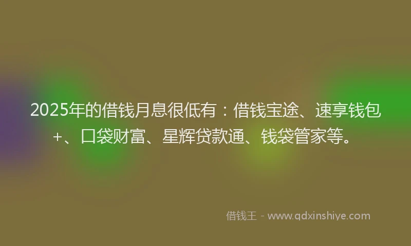 2025年的借钱月息很低有：借钱宝途、速享钱包+、口袋财富、星辉贷款通、钱袋管家等。