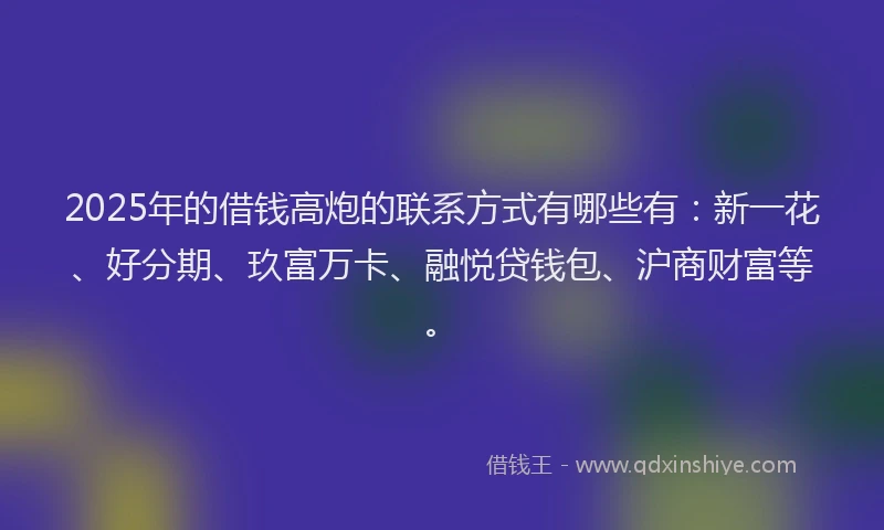 2025年的借钱高炮的联系方式有哪些有：新一花、好分期、玖富万卡、融悦贷钱包、沪商财富等。