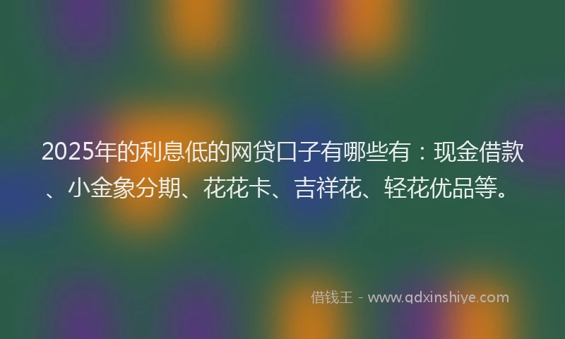 2025年的利息低的网贷口子有哪些有：现金借款、小金象分期、花花卡、吉祥花、轻花优品等。