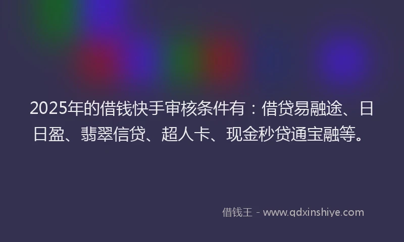 2025年的借钱快手审核条件有：借贷易融途、日日盈、翡翠信贷、超人卡、现金秒贷通宝融等。