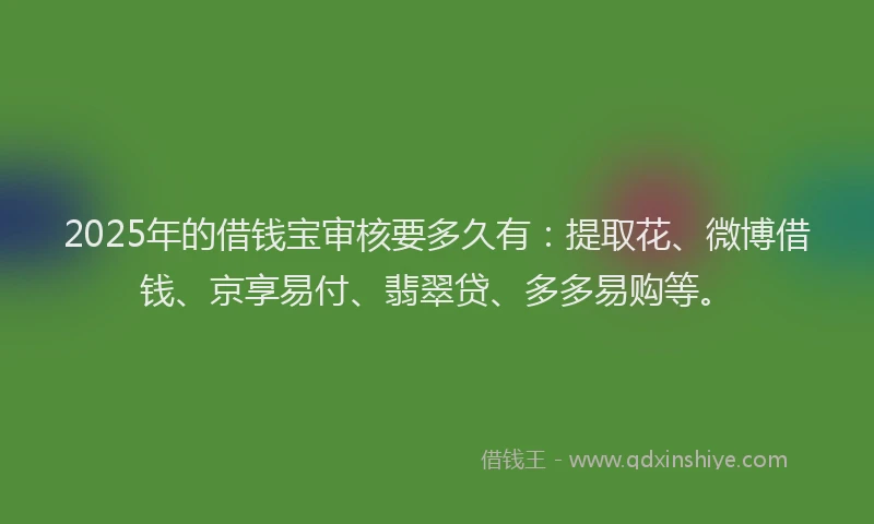 2025年的借钱宝审核要多久有：提取花、微博借钱、京享易付、翡翠贷、多多易购等。