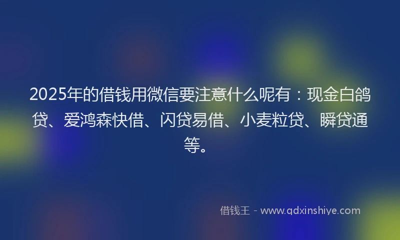 2025年的借钱用微信要注意什么呢有：现金白鸽贷、爱鸿森快借、闪贷易借、小麦粒贷、瞬贷通等。