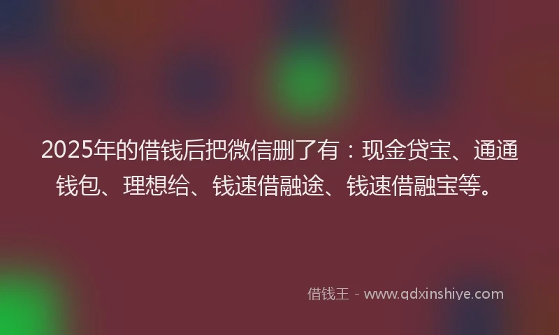 2025年的借钱后把微信删了有：现金贷宝、通通钱包、理想给、钱速借融途、钱速借融宝等。