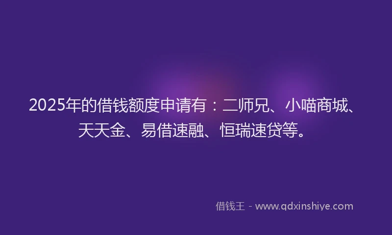 2025年的借钱额度申请有：二师兄、小喵商城、天天金、易借速融、恒瑞速贷等。