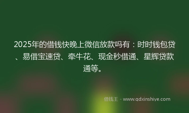 2025年的借钱快晚上微信放款吗有：时时钱包贷、易借宝速贷、牵牛花、现金秒借通、星辉贷款通等。