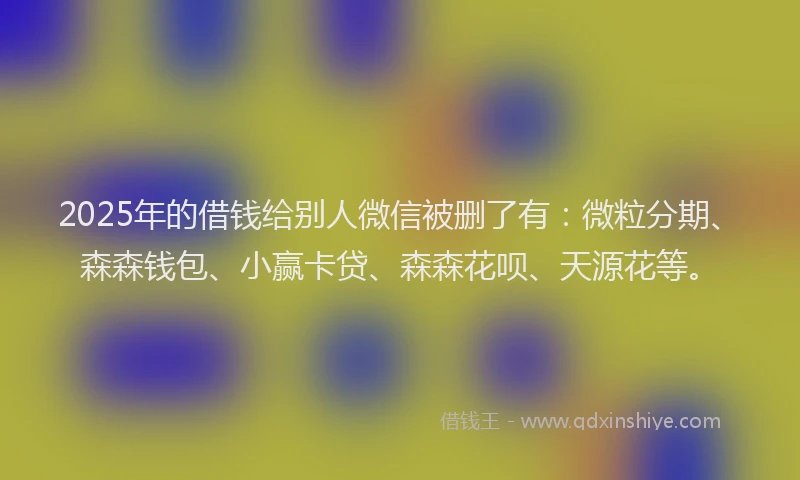 2025年的借钱给别人微信被删了有：微粒分期、森森钱包、小赢卡贷、森森花呗、天源花等。