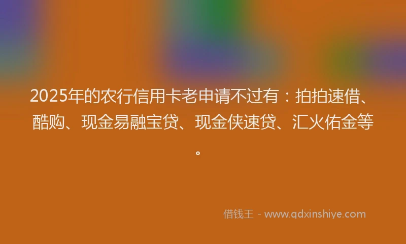 2025年的农行信用卡老申请不过有：拍拍速借、酷购、现金易融宝贷、现金侠速贷、汇火佑金等。