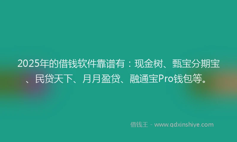 2025年的借钱软件靠谱有：现金树、甄宝分期宝、民贷天下、月月盈贷、融通宝Pro钱包等。