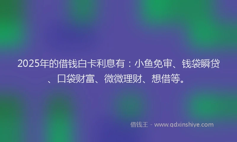 2025年的借钱白卡利息有：小鱼免审、钱袋瞬贷、口袋财富、微微理财、想借等。