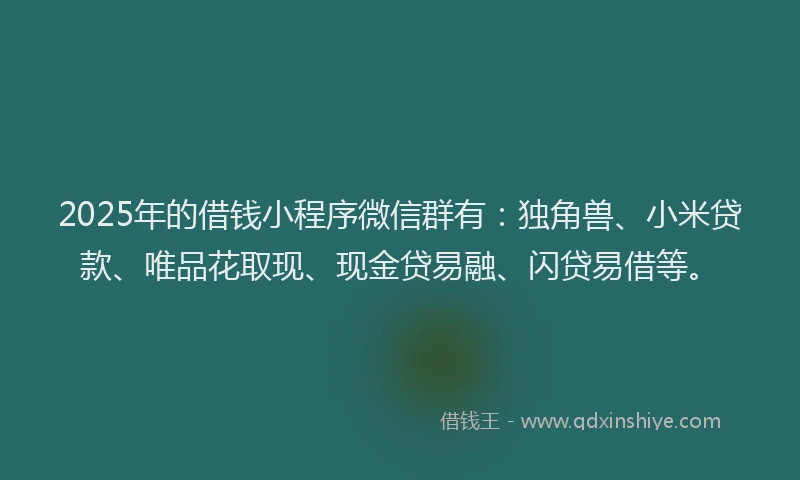2025年的借钱小程序微信群有：独角兽、小米贷款、唯品花取现、现金贷易融、闪贷易借等。