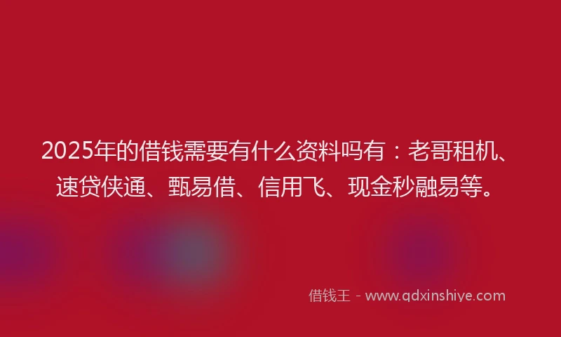 2025年的借钱需要有什么资料吗有：老哥租机、速贷侠通、甄易借、信用飞、现金秒融易等。