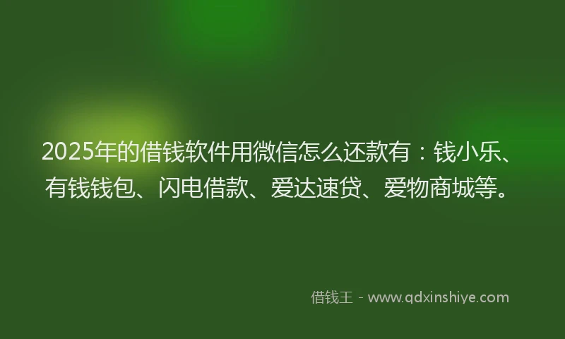2025年的借钱软件用微信怎么还款有：钱小乐、有钱钱包、闪电借款、爱达速贷、爱物商城等。