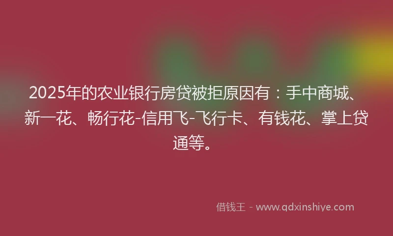 2025年的农业银行房贷被拒原因有：手中商城、新一花、畅行花-信用飞-飞行卡、有钱花、掌上贷通等。