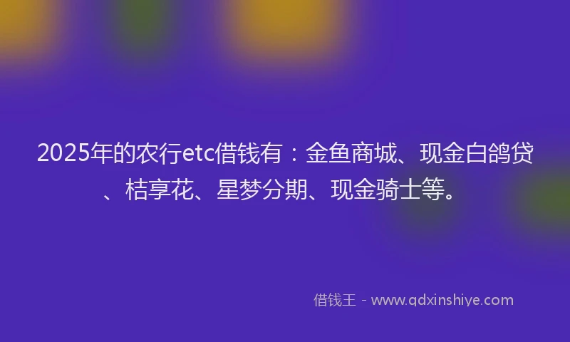 2025年的农行etc借钱有：金鱼商城、现金白鸽贷、桔享花、星梦分期、现金骑士等。
