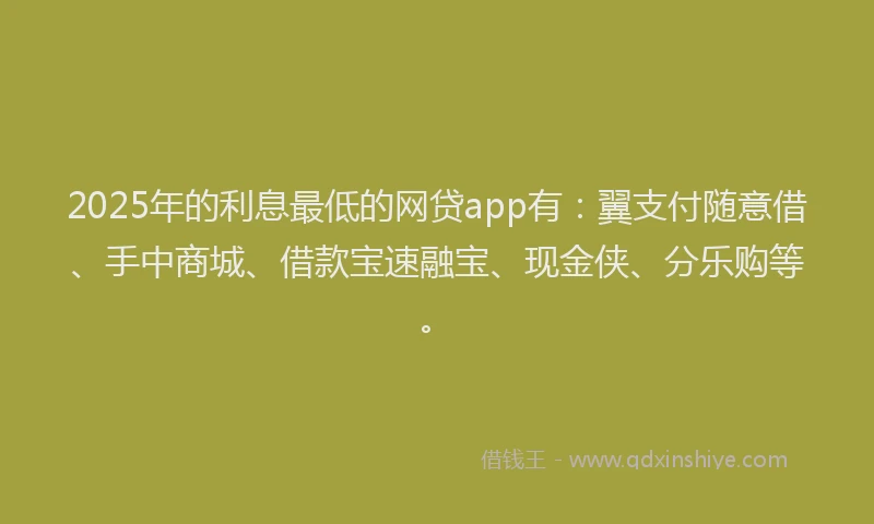 2025年的利息最低的网贷app有：翼支付随意借、手中商城、借款宝速融宝、现金侠、分乐购等。