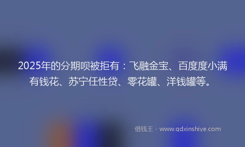 2025年的分期呗被拒有：飞融金宝、百度度小满有钱花、苏宁任性贷、零花罐、洋钱罐等。