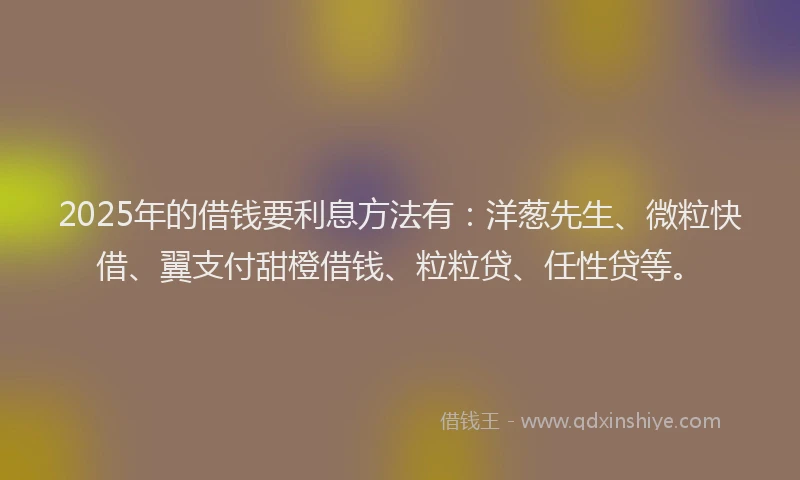 2025年的借钱要利息方法有：洋葱先生、微粒快借、翼支付甜橙借钱、粒粒贷、任性贷等。