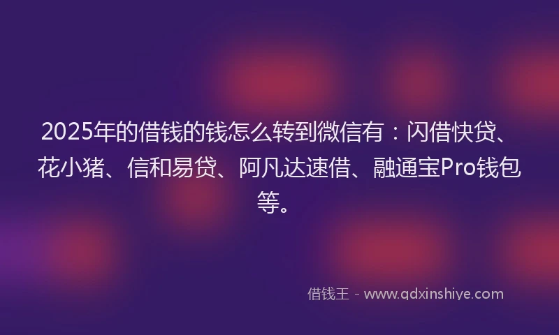 2025年的借钱的钱怎么转到微信有：闪借快贷、花小猪、信和易贷、阿凡达速借、融通宝Pro钱包等。