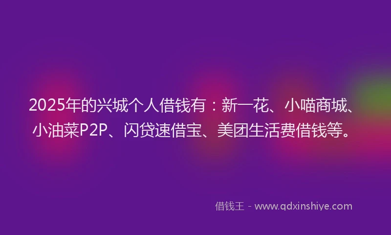 2025年的兴城个人借钱有：新一花、小喵商城、小油菜P2P、闪贷速借宝、美团生活费借钱等。