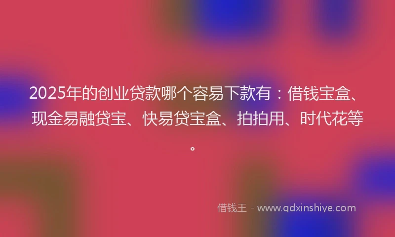 2025年的创业贷款哪个容易下款有：借钱宝盒、现金易融贷宝、快易贷宝盒、拍拍用、时代花等。