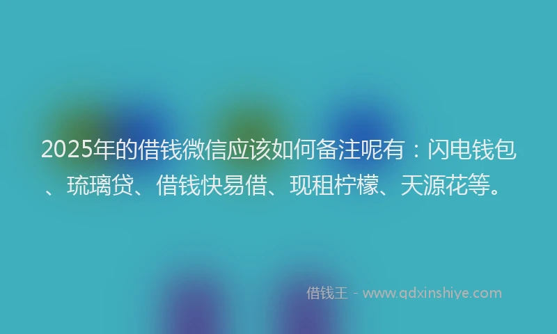 2025年的借钱微信应该如何备注呢有：闪电钱包、琉璃贷、借钱快易借、现租柠檬、天源花等。
