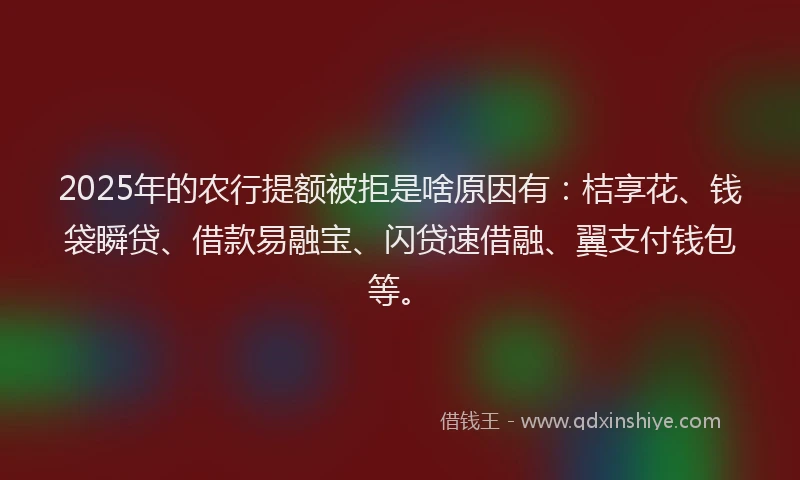 2025年的农行提额被拒是啥原因有：桔享花、钱袋瞬贷、借款易融宝、闪贷速借融、翼支付钱包等。