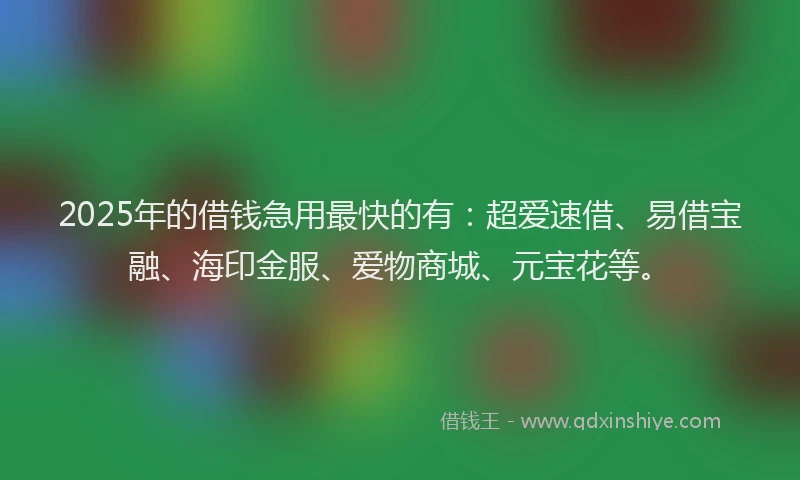 2025年的借钱急用最快的有：超爱速借、易借宝融、海印金服、爱物商城、元宝花等。